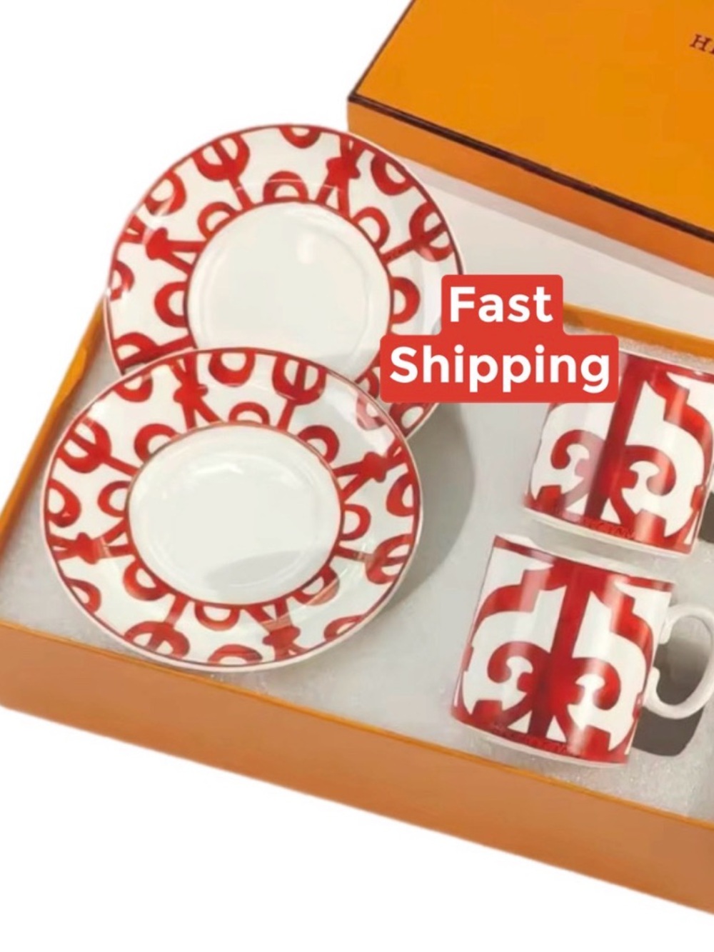 Hermes White Porcelain Espresso Cup & Saucer with Red Motif - 1 Set